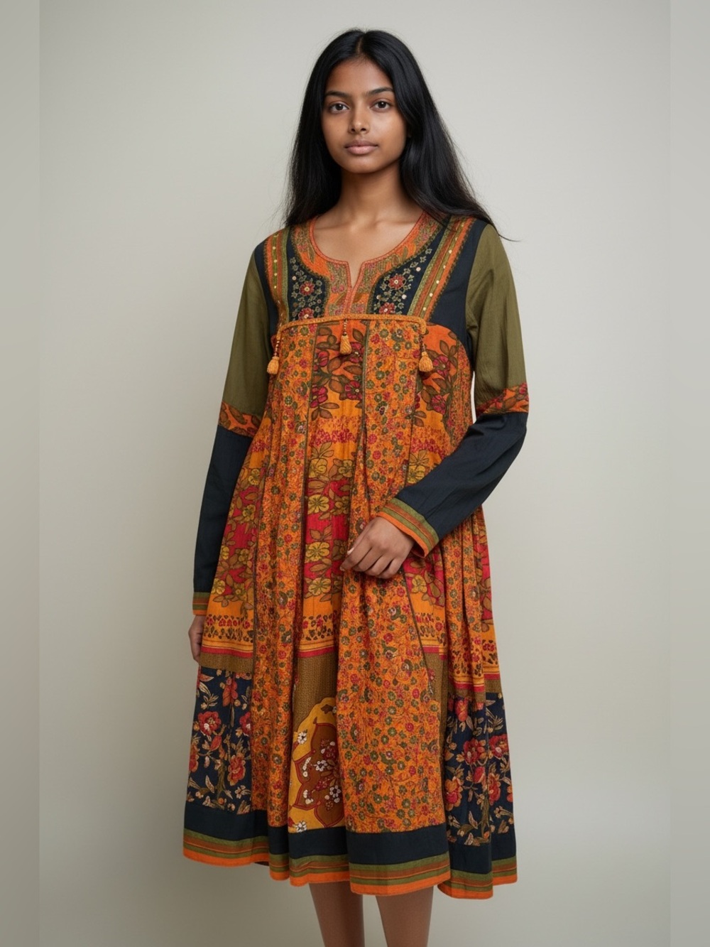 RITU KUMAR Embroidered Cotton Long Sleeve Dress XL